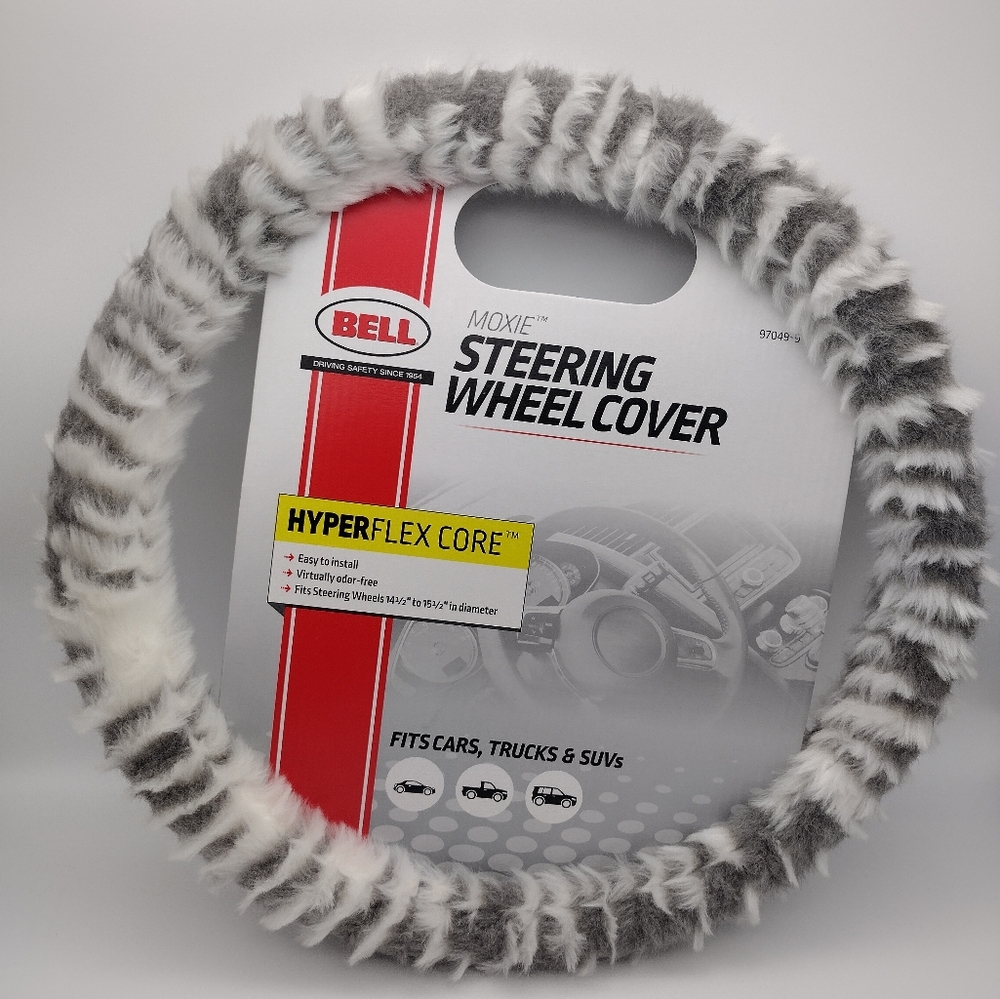 Bell Steering Wheel Cover with Gray and White Fuzzy Design